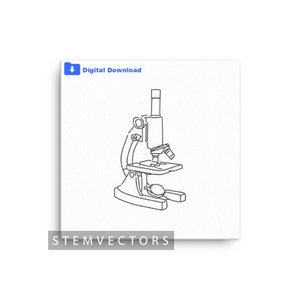 Puede incluir: Un dibujo lineal en blanco y negro de un microscopio sobre un fondo blanco. Las palabras "Digital Download" están en un cuadro azul en la esquina superior izquierda. Las palabras "STEMVECTORS" están en la parte inferior.