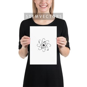 May include: A white poster with a black atom illustration. The poster is being held by a person wearing a black dress.