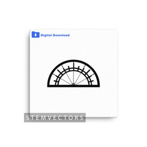 Puede incluir: Gráfico en blanco y negro de un diseño semicircular, que se asemeja a una rueda estilizada o a un elemento arquitectónico. La imagen incluye el texto "Digital Download" y "STEMVECTORS". El diseño está sobre un fondo blanco.