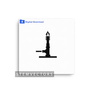 May include: A black and white illustration of a Bunsen burner with a flame. The image includes the text "Digital Download" and "STEMVECTORS".
