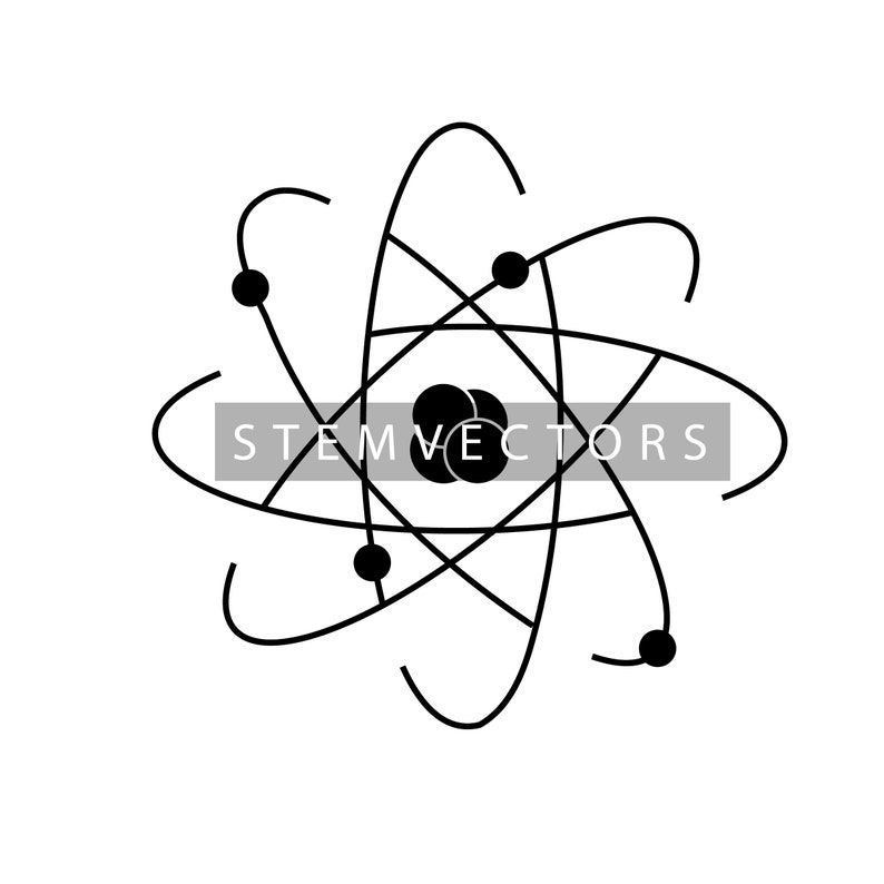 May include: A black and white illustration of an atom with a nucleus and orbiting electrons.