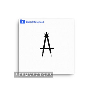 May include: Black and white silhouette of a compass, a drafting tool used for drawing circles and arcs.