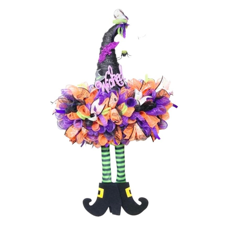 Wicked Witch hat with Legs, Whimsical Halloween Wreath, Halloween Decor, front door wreath, indoor wreath,Witches Black Hat
