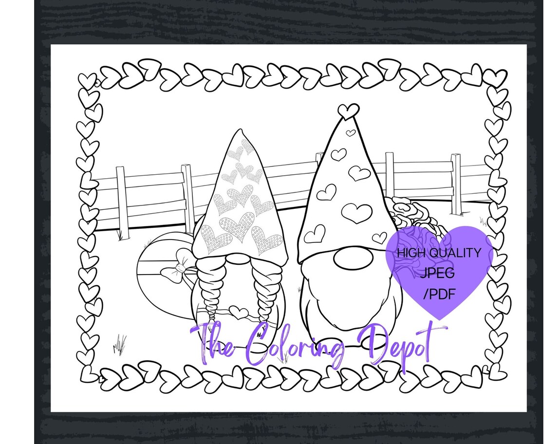 Gnome Coloring Page Gnomes in Love Valentines Day Digital | Etsy