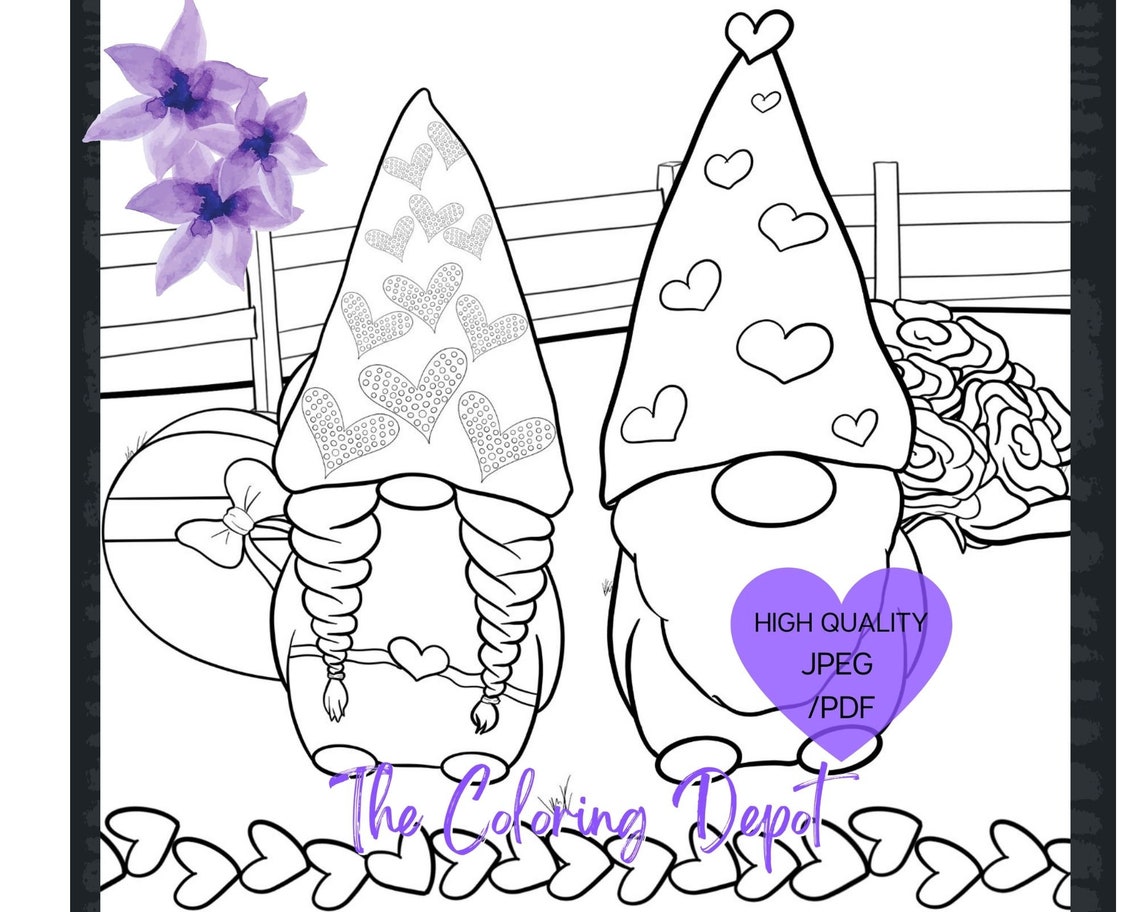 Gnome Coloring Page Gnomes in Love Valentines Day Digital | Etsy