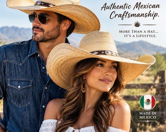 May include: Two straw cowboy hats with wide brims and dark brown leather bands featuring silver-toned metal accents. Text reads: OVERSIZED STYLE. Authentic Mexican Craftsmanship. MORE THAN A HAT... IT'S A LIFESTYLE. MADE IN MEXICO.