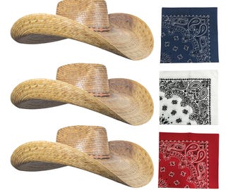 May include: Three straw cowboy hats with a blue, white, and red bandana. The bandanas have a paisley pattern.