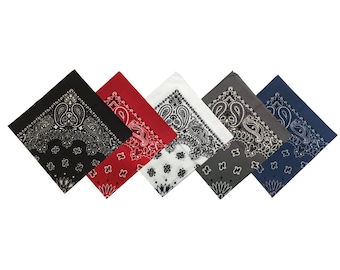 May include: A set of five square bandanas featuring a classic paisley pattern. The collection includes black, red, white, gray, and navy blue fabric squares, each decorated with intricate white or black floral and teardrop motifs.