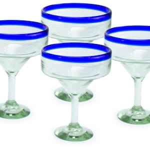 Artisan Crafted Blue Hand Blown Margarita Glass Recycled Glass 16 oz&#39; Classic&#39; (Set of 4)
