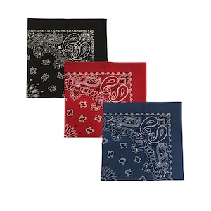 May include: Three paisley bandanas in black, red, and blue. The bandanas have a white paisley pattern.