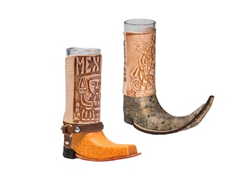 2 pack Mix Mexican Leather Mini Boot Tequila Shot - Original Artisan Bota Tribalera & Texana para Tequila (Assorted Colors)