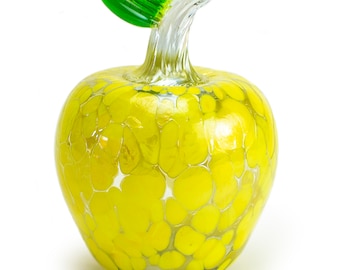 Crystal Hand Craft Blown Glass Apple Collection Made in one Piece - 6&quot; High (15 cm) Perfect for a Gift - Gold/Green Leaf