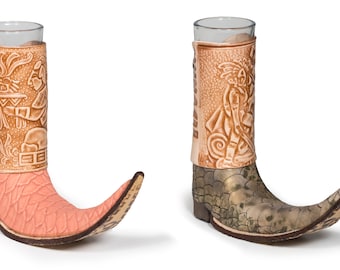 2 pack Mexican Leather Mini Boot Tequila Shot - Original Artisan Bota Tribalera para Tequila (Assorted Colors)
