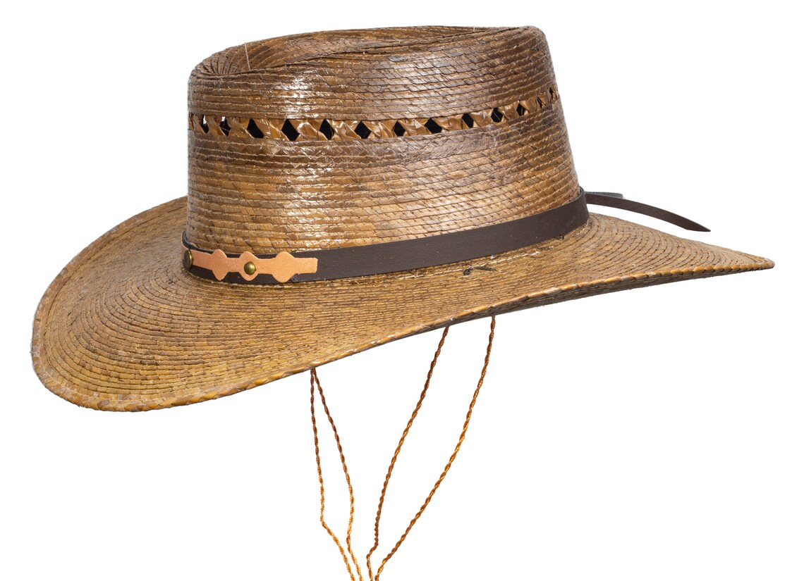 Mexican Palm Leaf Cowboy Hat Dark Natural Straw Wide Brim With Chin