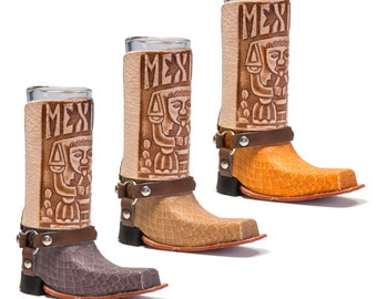 3 Pack Mexican Leather Mini Texan Boot Tequila Shot - Original Artisan Bota Chata para Tequila (Assorted Colors) - MexART