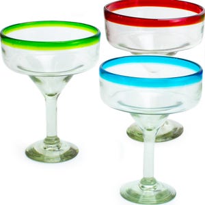 Artisan Crafted Hand Blown Multicolor Rim Mix Margarita Glass Recycled Glass 16 oz&#39; Classic&#39; (Set of 3)