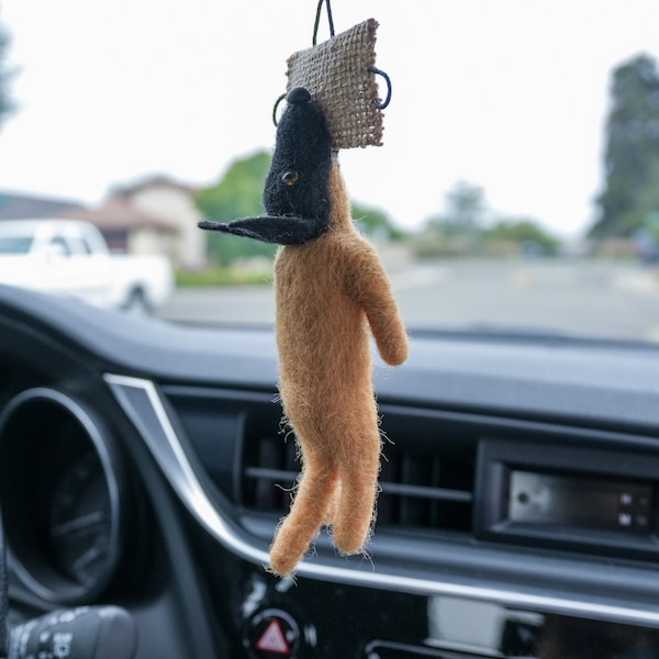 Needle Felted Malinois biting pillow car rear view mirror decor, Ornament, Gift for Dog Lovers