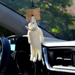 Needle Felted White Swiss/German shepherd biting pillow car rear view mirror decor, Ornament, Gift for Dog Lovers