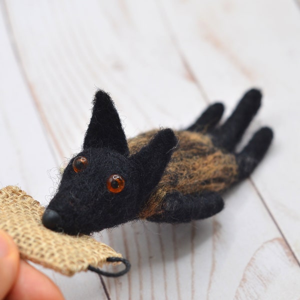 Needle Felted Dutch Shepherd biting pillow car rear view mirror decor, Ornament, Gift for Dog Lovers