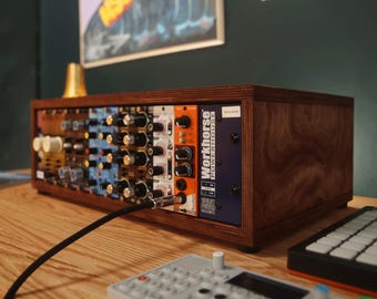May include: A wooden 500 series rack enclosure containing multiple audio modules with various knobs and switches. The unit features a blue panel labeled Workhorse Powerhouse and a black audio cable plugged into an orange Radial module.
