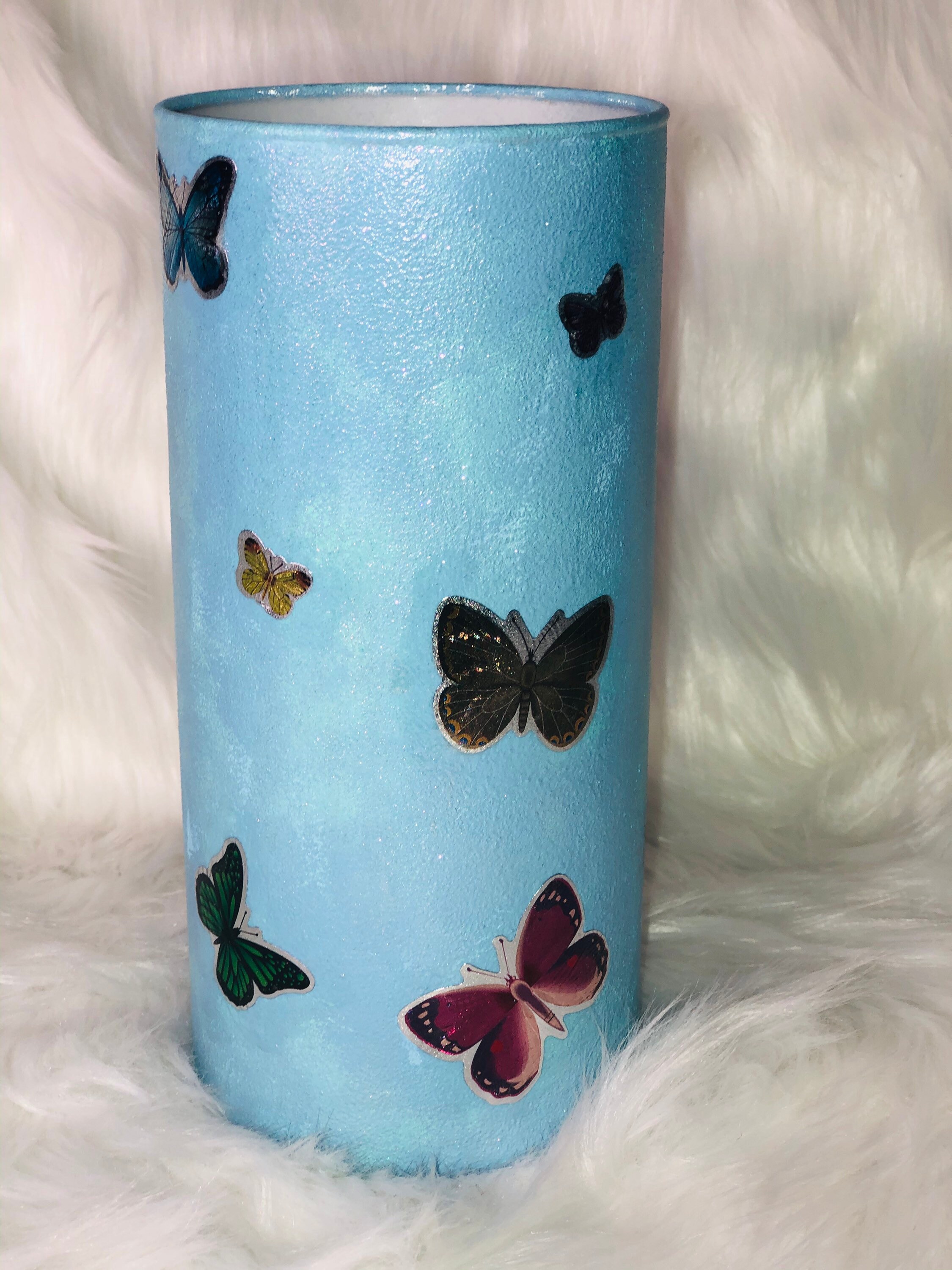 SKy Blue Butterfly Cylinder Vase with glitter Art Deco Vase Etsy