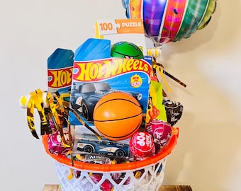 Kids Birthday Basketball, Football, Soccer Gift Basket with Hot Wheels, Candy, Puzzle
