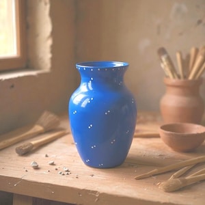 Blue Hand Painted Vase, Blue Vase,  interior design gift, pot belly vase, Polka Dot, housewarming gift, gift for her, gift for mom.