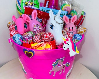 Unicorn Easter Basket| Cool Girls Pre-Filled Candy Easter Basket| Lollipop |Easter Eggs| Pink Basket| Kids Gift