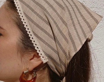 Linen Boho Headband: Triangle Hair Scarf with Lace Trim