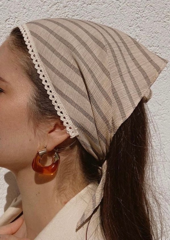 Linen Boho Headband: Triangle Hair Scarf With Lace Trim - Etsy display picture 2