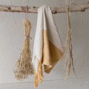 Boho Tea Towel with Fringe | Mustard & Natural Color Block Kitchen Towel | Soft Slub Cotton Dish Towel | Modern Boho Kitchen Decor