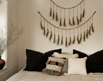 2er Set Boho Wandbehänge mit Holzperlen | Natürliche Raffia Wanddekoration | Boho Home Dekoration