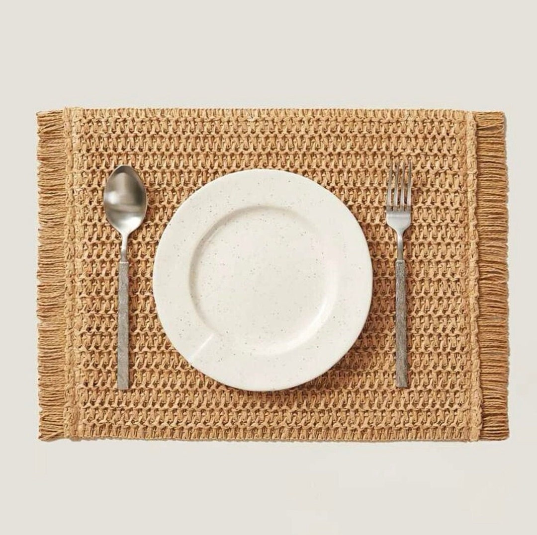 Boho Raffia Placemats With Tassels Rectangular Woven Etsy