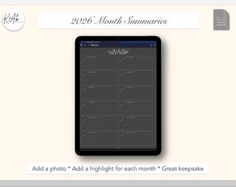 2026 Monthly Summaries Template PDF Insert for iPad tablet Dark Mode