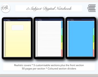 5 Subject Digital Notebook for iPad tablet Goodnotes 5 Tab