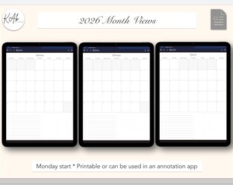 2026 Dated Month View Templates Planner Inserts for iPad tablet or Printable Monday Start
