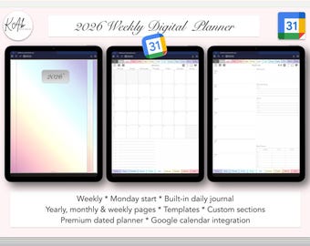 2026 Weekly Digital Planner: Google Calendar, Journal (Monday Start) Rainbow Colours
