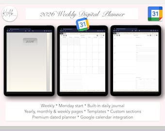 2026 Weekly Digital Planner: Google Calendar, Journal (Monday Start) Neutral Colours