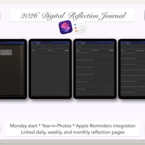 Digital Reflection Journal 2026: maandagstart, jaar in foto's, wekelijks en maandelijks, donkere modus (pdf)