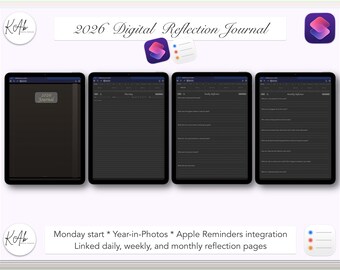 2026 Digital Reflection Journal: Monday Start, Year in Photos, Weekly & Monthly, Dark Mode (PDF)