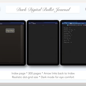 Bullet Journal digital minimalista en modo oscuro, cuadrícula de puntos (descarga digital)
