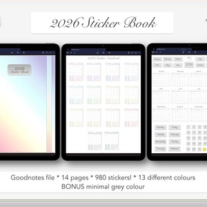 May include: Digital 2026 sticker book shown on three tablets. The sticker book features 14 pages, 980 stickers, and 13 colours, plus a bonus minimal grey colour. The text "2026 Sticker Book" is at the top.