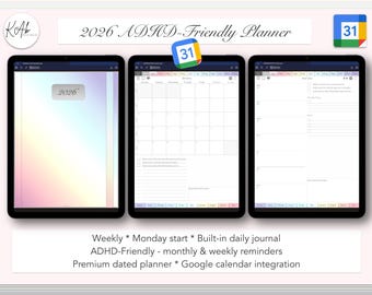 2026 ADHD-Friendly Weekly Digital Planner: Google Calendar, Journal (Monday Start) Rainbow Colours