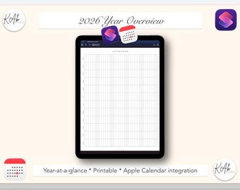 2026 Year Overview: Apple Calendar Integration, iPad tablet Goodnotes Printable PDF