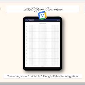 2026 Year Overview: Google Calendar Integration, iPad tablet Goodnotes Printable PDF