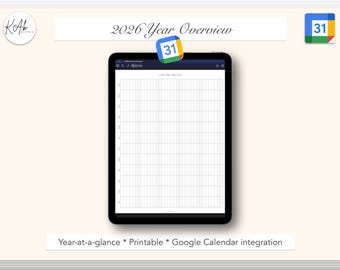 2026 Year Overview: Google Calendar Integration, iPad tablet Goodnotes Printable PDF