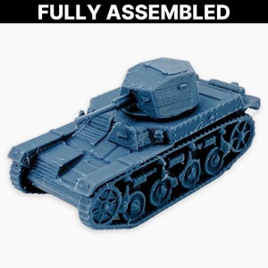 May include: A blue-grey toy tank, fully assembled, with intricate detailing. The image shows a turret, cannon, and tracks. The text "FULLY ASSEMBLED" is printed in white at the top of the image.