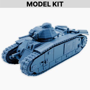 May include: A blue model kit of a tank, featuring detailed tracks, a turret, and a cannon. The text "MODEL KIT" is displayed above the tank. The tank is a detailed replica, perfect for model enthusiasts.
