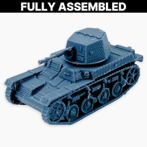 May include: A fully assembled, blue toy tank with a turret and a gun. The tank has detailed tracks and wheels, and the text "FULLY ASSEMBLED" is printed in white at the top of the image. The tank is a miniature model.