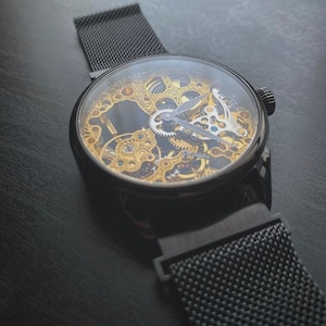 Gold Skeletonized Handcrafted Men&#39;s Watch
